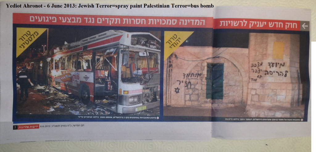 Yediot Ahronot - 6 June 2013 Jewish Terror=spray paint Palestinian Terror=bus bomb photo YediotAhronot-6June2013JewishTerrorspraypaintPalestinianTerrorbusbomb.png