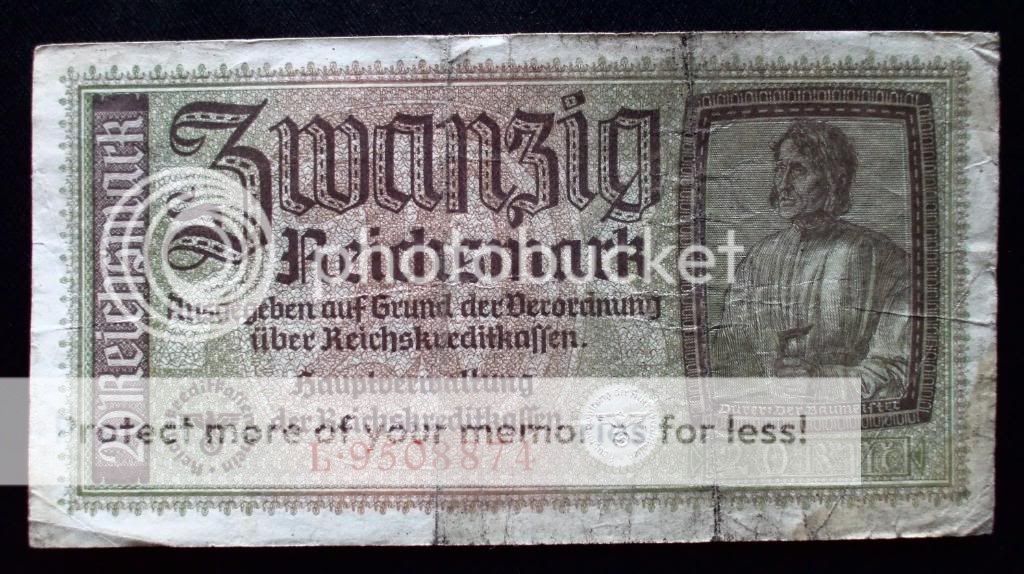 GERMAN WW2 NAZI 20 REICHSMARK BANKNOTE WITH 2 SWASTIKAS  